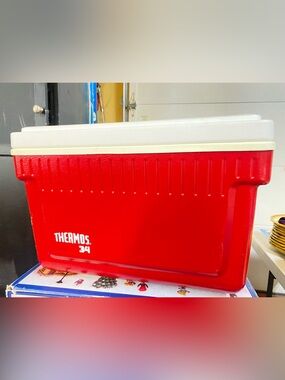 Vintage Thermos Red and White 34-Quart Cooler